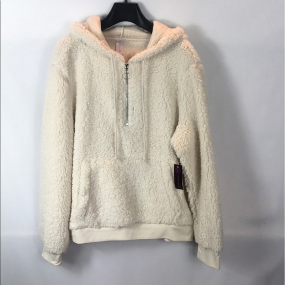Fuzzy Cream Sherpa Quarter Zip Pullover Hoodie - Picture 2 of 4